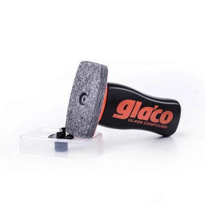 Glass polishing tool with 'glaco' branding on a white background