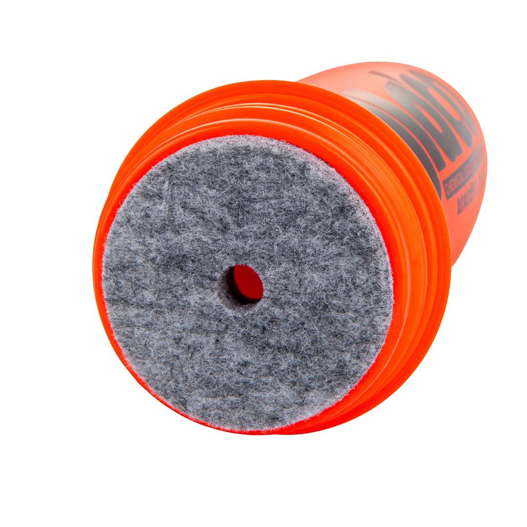 Orange cleaning bucket with gray felt side on a white background