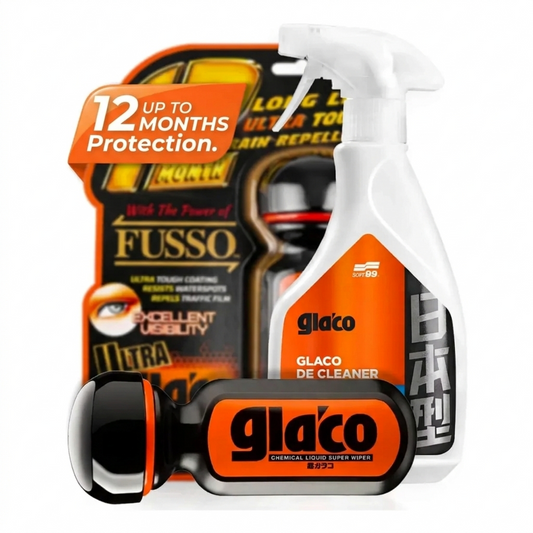 Glaco car care products including a spray bottle and wipes on a white background