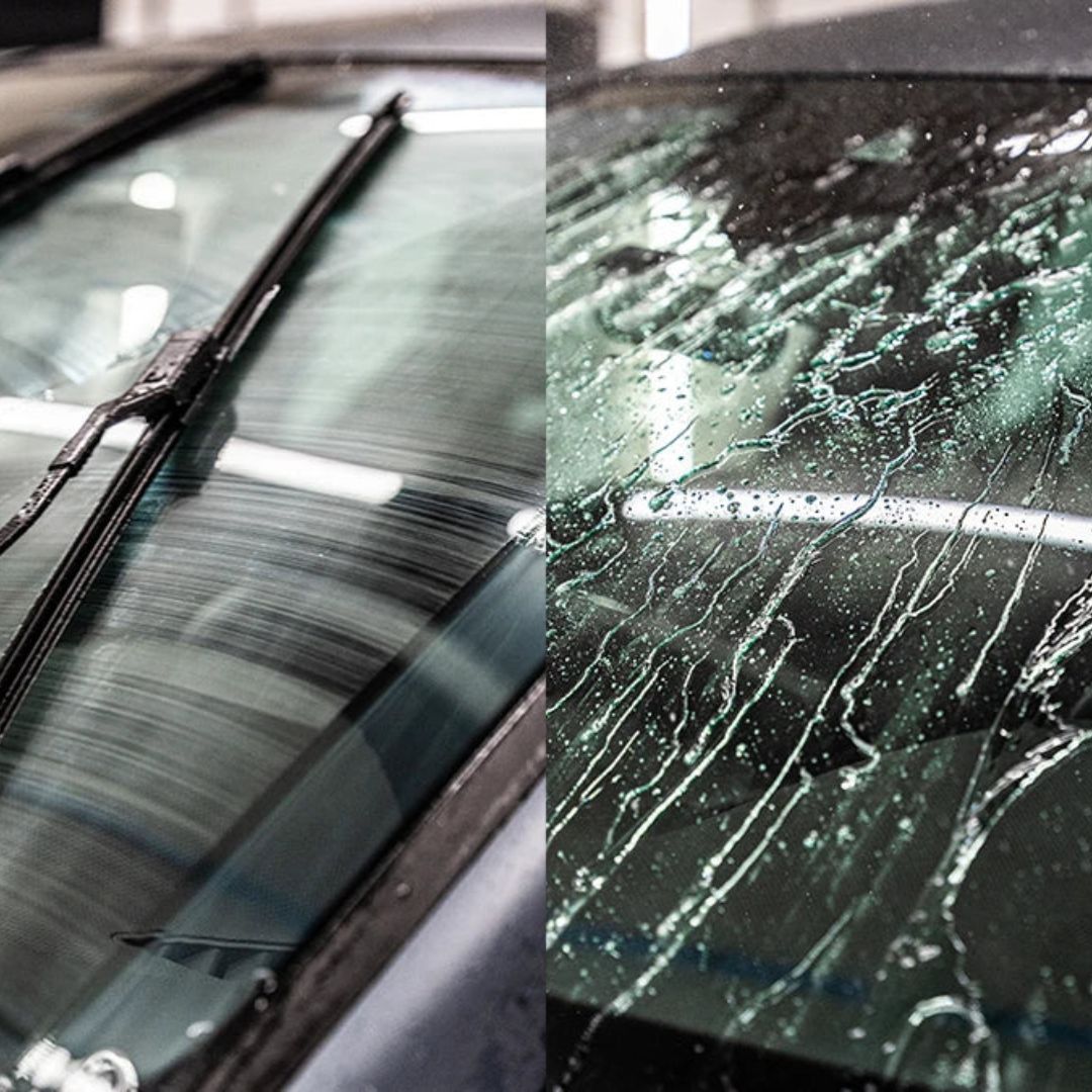 Comparison of a car windshield with a wiper and a water droplet pattern on a glass surface.