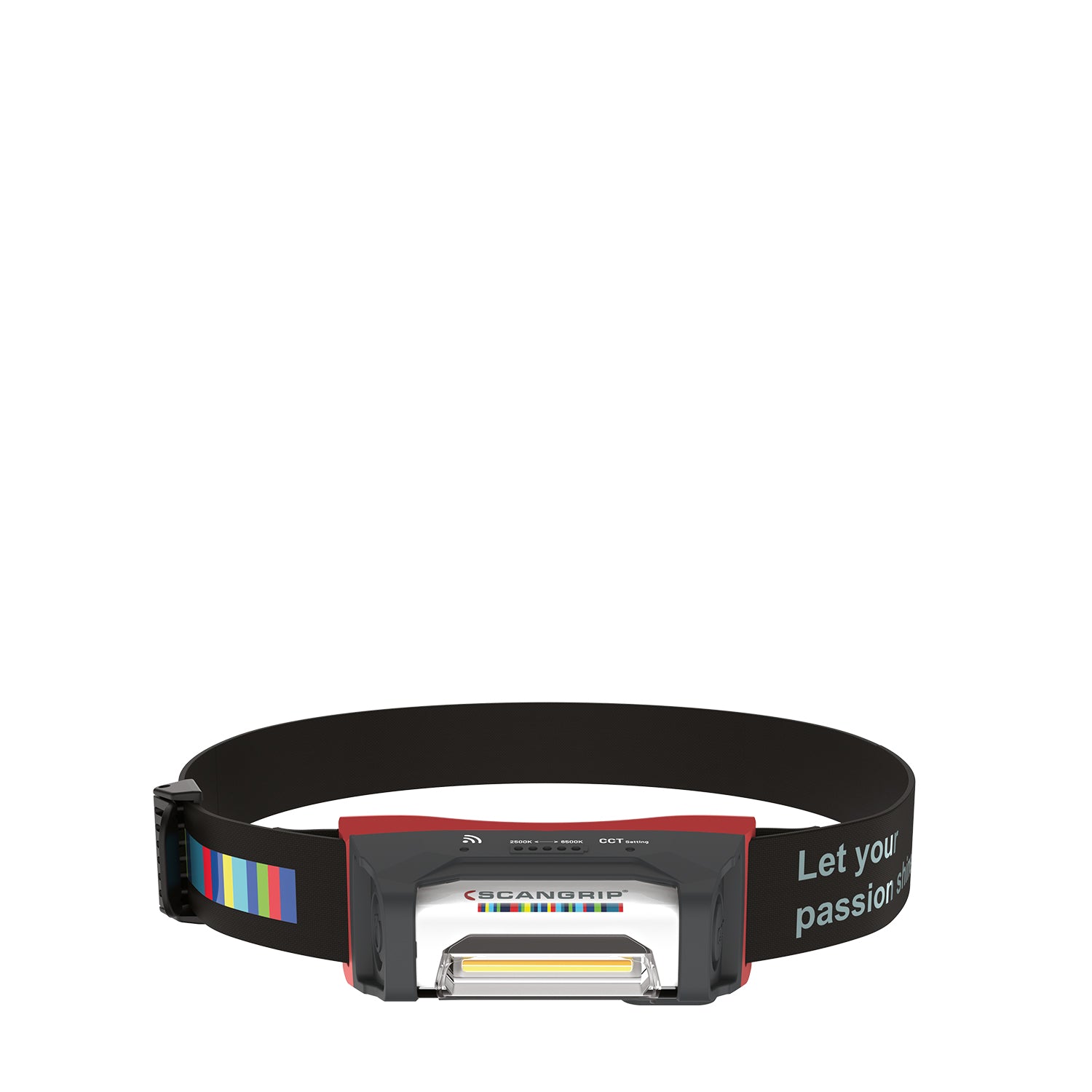 Scangrip I-Match 4. Black headlamp with colorful band and visible brand logo on a white background