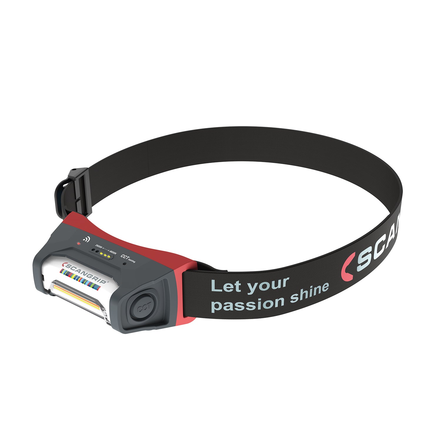 Scangrip I-Match 4. Black headlamp with colorful band and visible brand logo on a white background