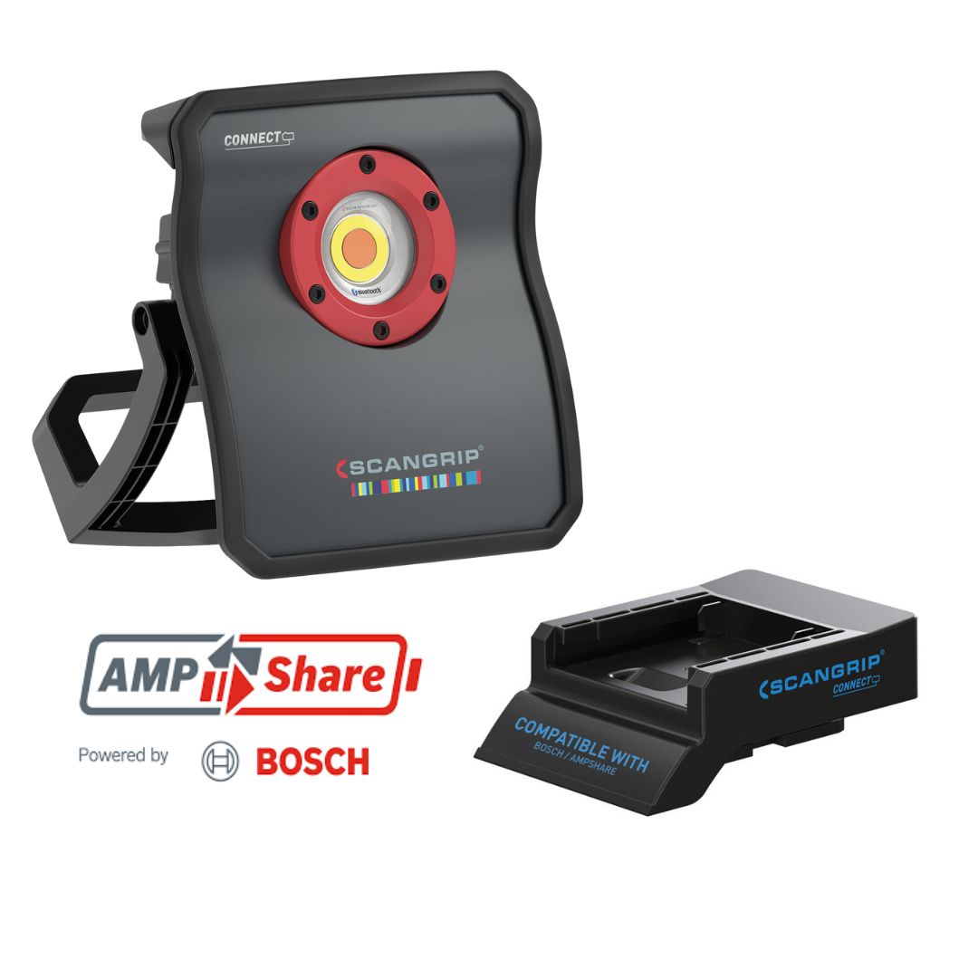 Scangrip Multimatch 3 Connect with Bosch Ampshare Battery adapter. DETAILING & COLOUR MATCH. Flood light, Workshop light. Scangrip Ireland. Scangrip Cork Ireland