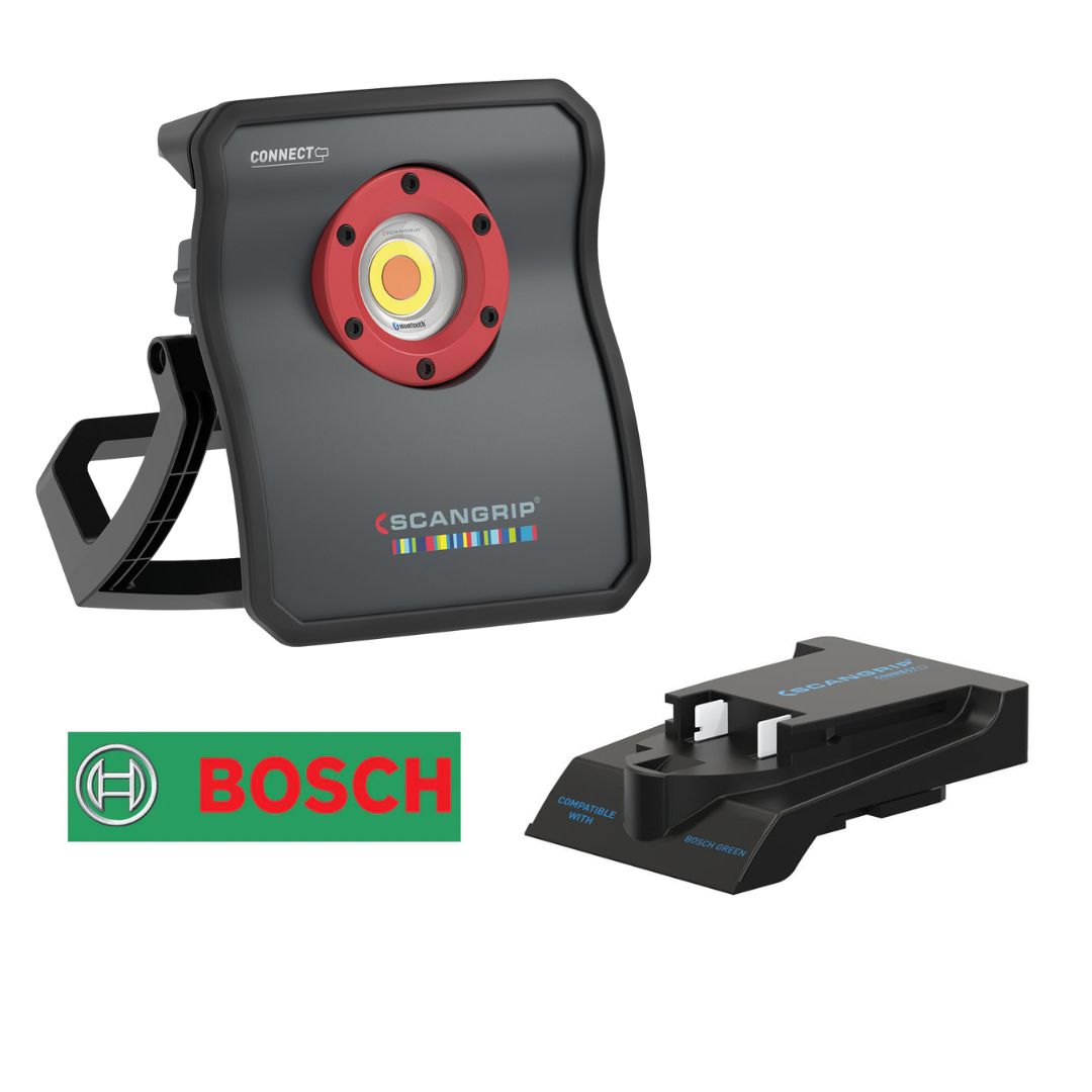 Scangrip Multimatch 3 Connect with Bosch Battery adapter. DETAILING & COLOUR MATCH. Flood light, Workshop light. Scangrip Ireland. Scangrip Cork Ireland
