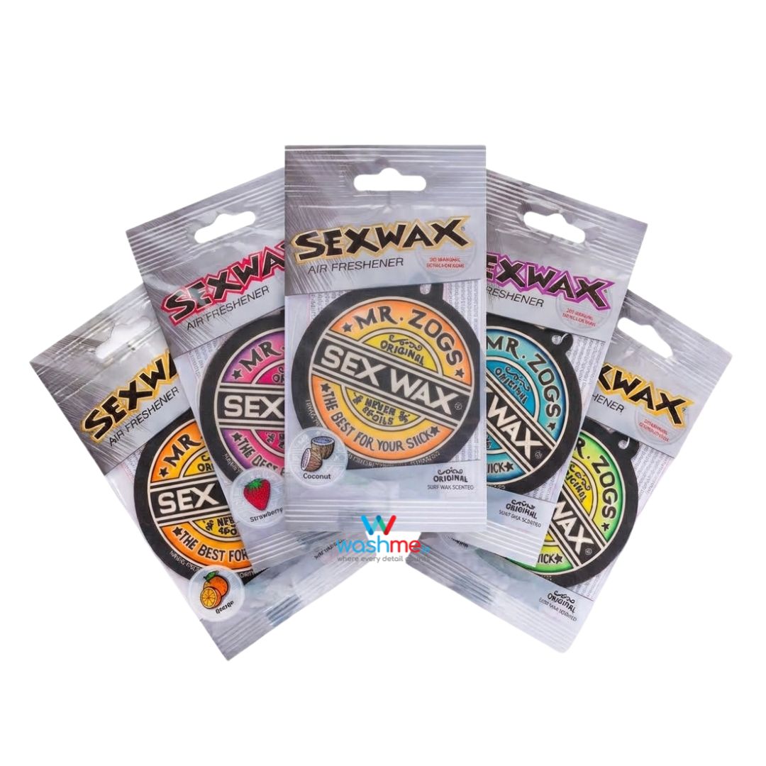 Five packages of Sexwax Air Freshener by Mr. Zogs are fanned out against a solid white background, showcasing different color-coded round wax discs inside clear plastic packaging.