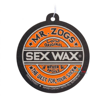 A round black hanging air freshener tag for Mr. Zogs Sex Wax in orange, featuring orange and white retro-style graphics on a white background.