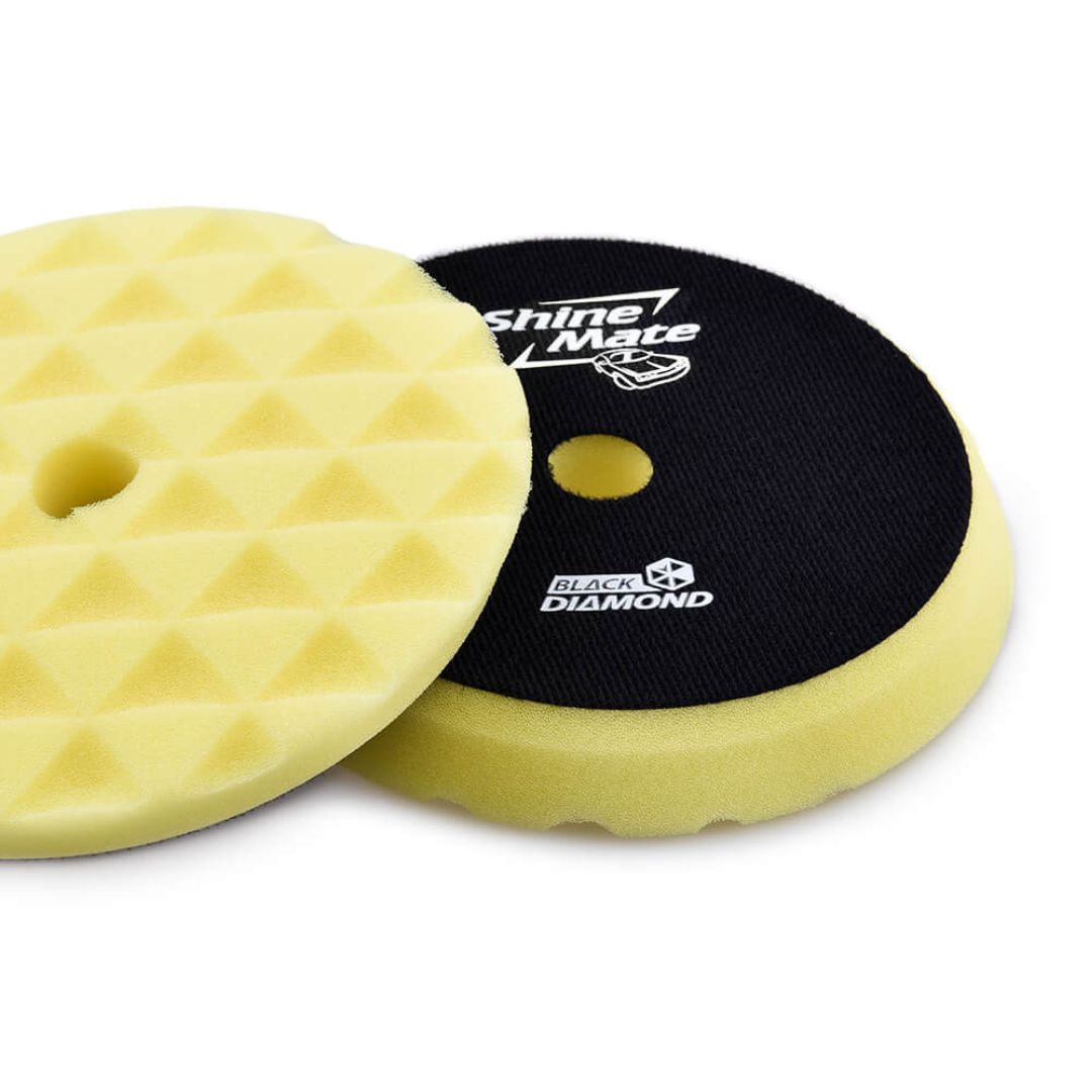 shineMate 6" medium density open cell professional grade foam pads are ideal for medium to heavy cut on hard and some soft paint finishes. The Black Diamond Yellow pad can also remove sanding marks up to 1500 grit. Designed for both Rotary and Dual Action machines, the Black Diamond technology reduces heat.