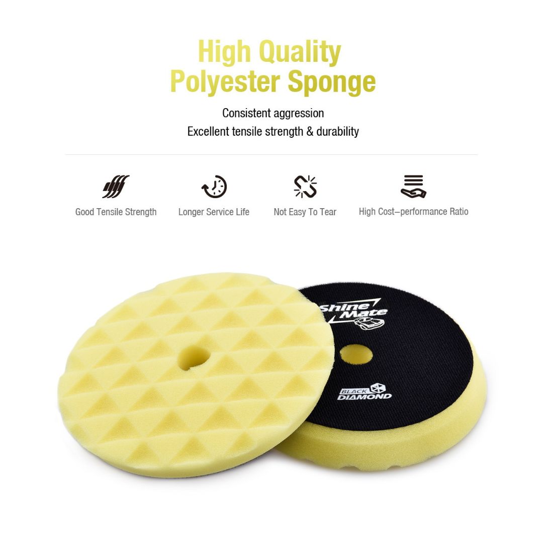 shineMate 6" medium density open cell professional grade foam pads are ideal for medium to heavy cut on hard and some soft paint finishes. The Black Diamond Yellow pad can also remove sanding marks up to 1500 grit. Designed for both Rotary and Dual Action machines, the Black Diamond technology reduces heat.