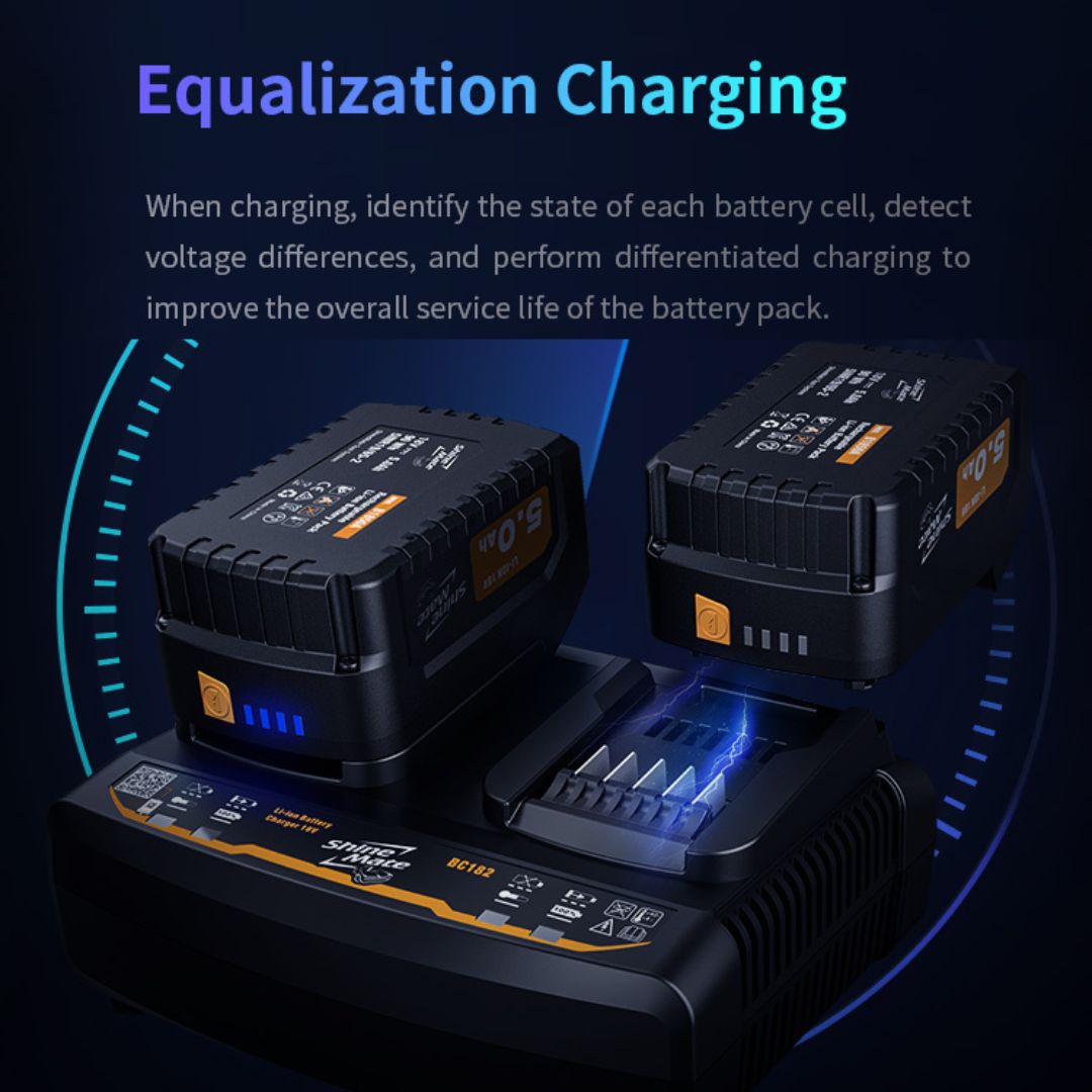 Official and genuine ShineMate Dual Channel Rapid Charger BC182.

Two batteries charge sequentially to save time and improve work efficiency.