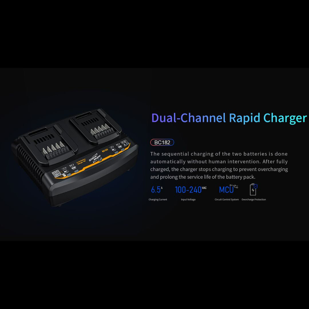 Official and genuine ShineMate Dual Channel Rapid Charger BC182.

Two batteries charge sequentially to save time and improve work efficiency.