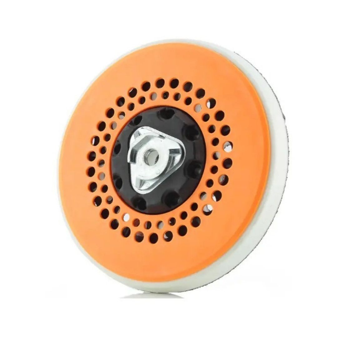 ShineMate Dust Devil V3 Backing Plate 5″ (Fits Liquid Elements T4200). An orange and white circular backing plate tool with a black center hub and silver metallic core, shown on a white background with a red 'NEW!' badge in the top right corner.