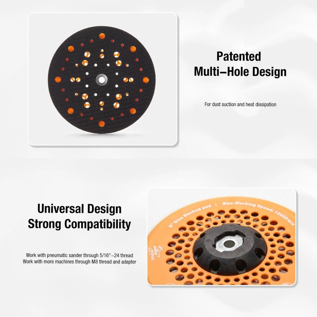 An informational product graphic showing a round black filter or sanding disc with multiple orange and white holes, alongside text reading 'Patented Multi-Hole Design' and 'Universal Design Strong Compatibility,' plus a smaller angled view of the orange filter with a black center.