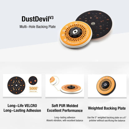 DustDevil V3 multi-hole backing plate shown in three views on a light gray infographic background, with text highlighting VELCRO long-lasting adhesion, soft PUR molded performance, and a weighted backing plate.