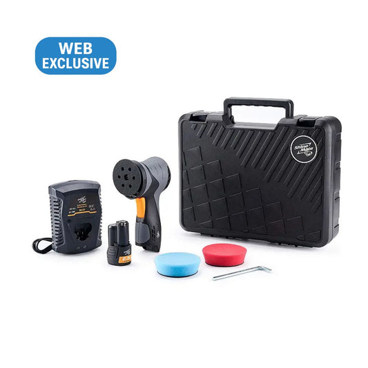 ShineMate EB212 Cordless Direct Drive 3" DA Polisher (12mm Throw) Car detailing kit with black case, spray gun, battery, and cleaning tools on a white background.