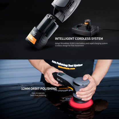 ShineMate EB212 Cordless Direct Drive 3" DA Polisher (12mm Throw) Polishing tool with battery and charging station on a black background, featuring text about intelligent cordless system and 12mm orbit polishing.