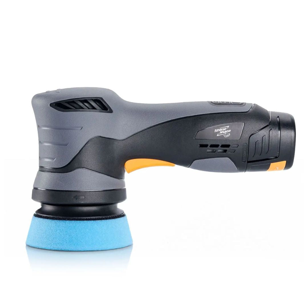 ShineMate EB212 Cordless Direct Drive 3" DA Polisher (12mm Throw) Car polisher with blue pad on a white background
