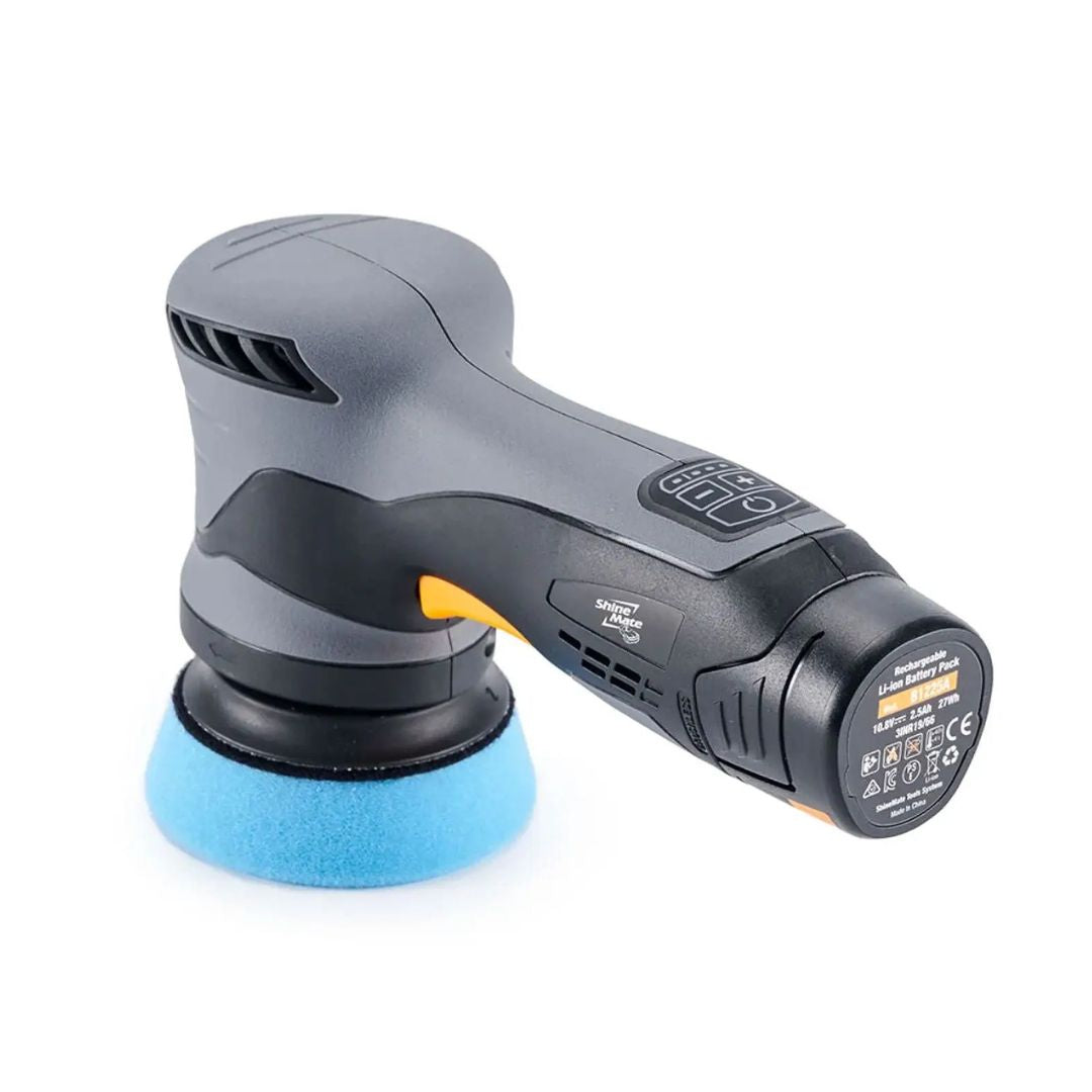 ShineMate EB212 Cordless Direct Drive 3" DA Polisher (12mm Throw) Car polisher with blue pad on a white background