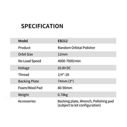 Specification table for a random orbital polisher model EB212 on a white background.