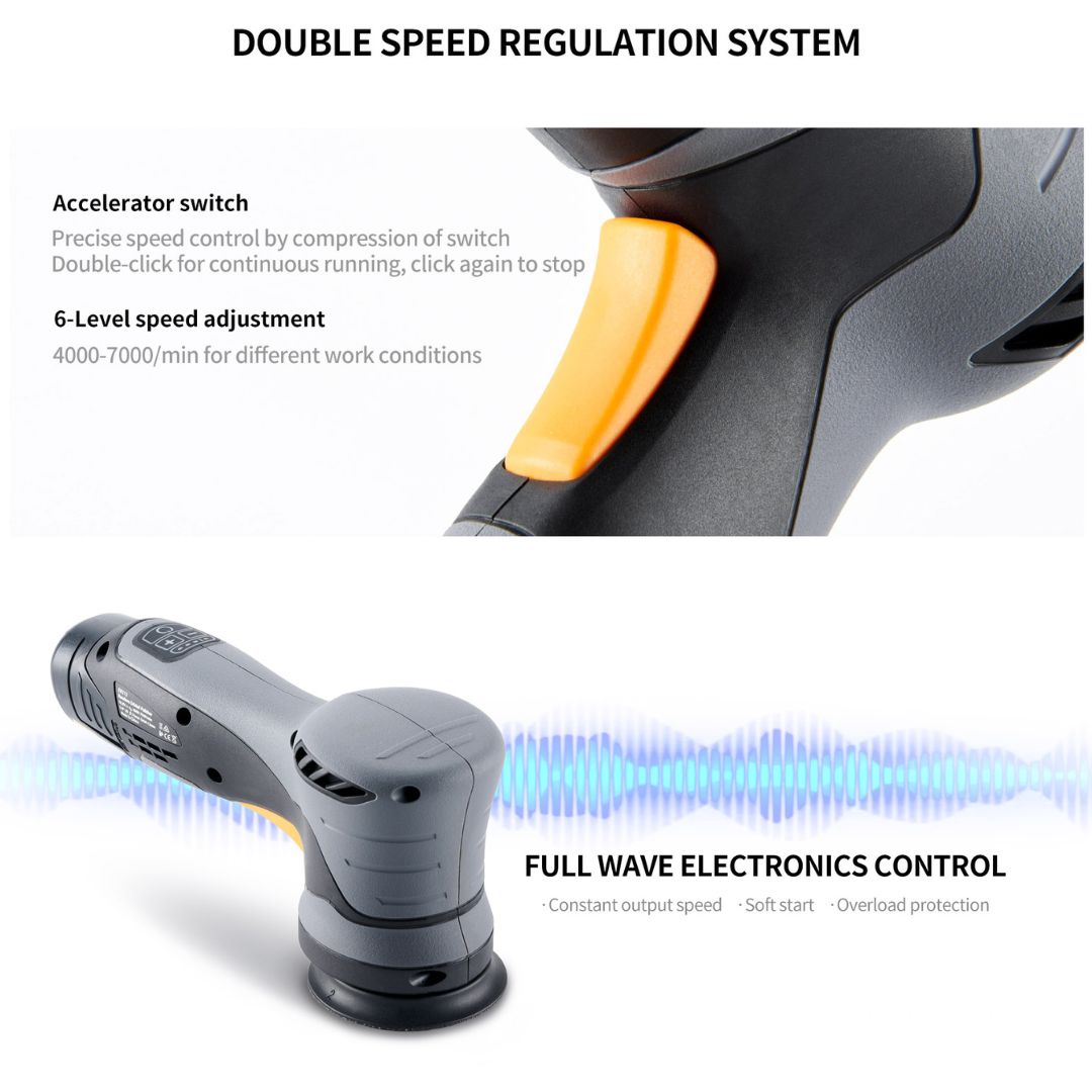 ShineMate EB212 Cordless Direct Drive 3" DA Polisher (12mm Throw) Power tool with double speed regulation system and full wave electronics control on a white background.