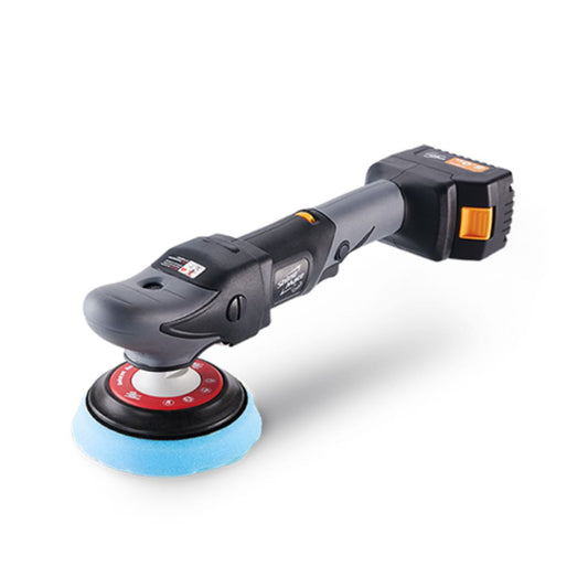 The ShineMate EB251-5 is a professional cordless rotary polisher that includes a 123mm (5") backing plate, featuring a brushless motor, dual speed regulation, and a double-reduction gearing system.