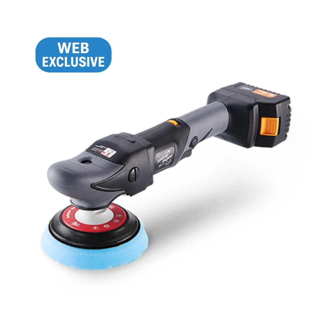 Polishing machine with a blue pad on a white background, labeled 'Web Exclusive'.