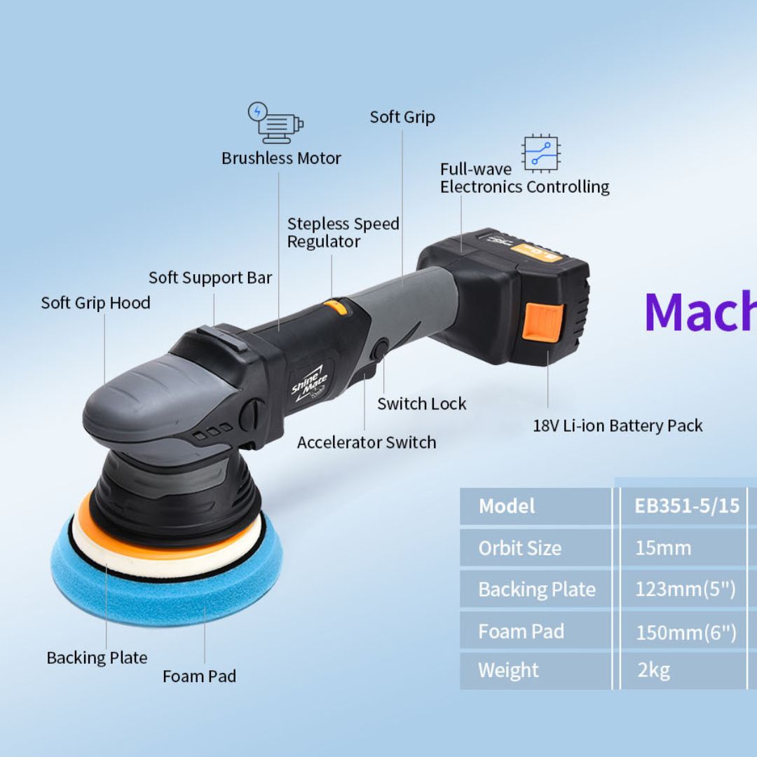 ShineMate EB351-5/15 is a professional-grade 15mm random orbital throw cordless polisher featuring a brushless motor, dual speed regulation, vibration inhibition, and more. ShineMate Ireland