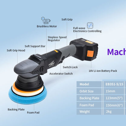 ShineMate EB351-5/15 is a professional-grade 15mm random orbital throw cordless polisher featuring a brushless motor, dual speed regulation, vibration inhibition, and more. ShineMate Ireland