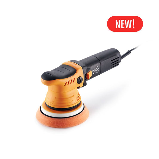 Orange and black ShineMate ER600 random orbit sander with a 'New!' label on a white background