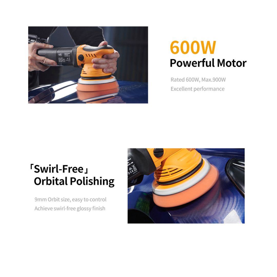 Shinemate ERO600 G2  Orbital polisher with text highlighting 600W power and swirl-free polishing on a white background.