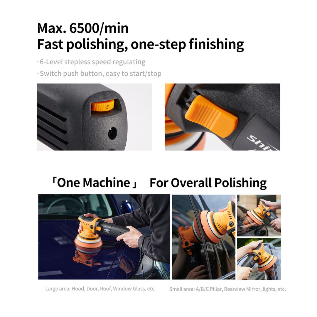 Shinemate ERO600 G2  Polishing machine with text on speed and features, used for car polishing.