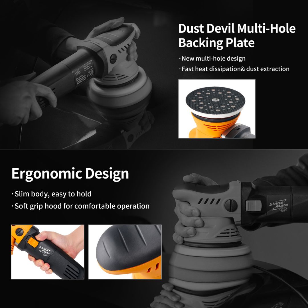 Shinemate ERO600 G2 with Dust Devil Multi-Hole Backing Plate and ergonomic design features on a dark background.