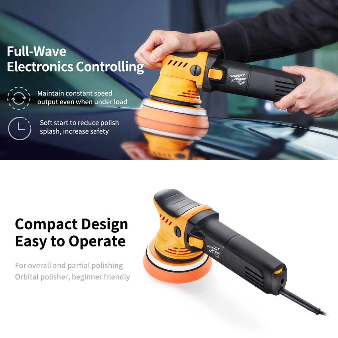 Shinemate ERO600 G2 Orbital polisher being used on a car with text about full-wave electronics controlling and compact design.