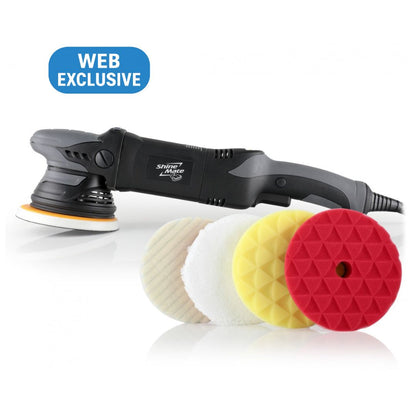 Car polisher with three different buffs on a white background, labeled 'Web Exclusive'.