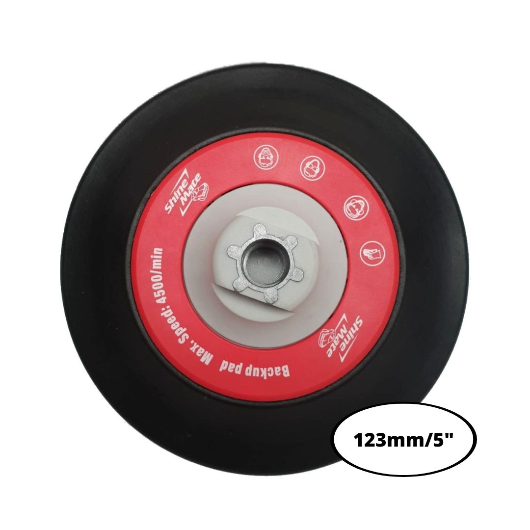 shinemate rotary backing plate 5" with red backing plate and black rim on a white background