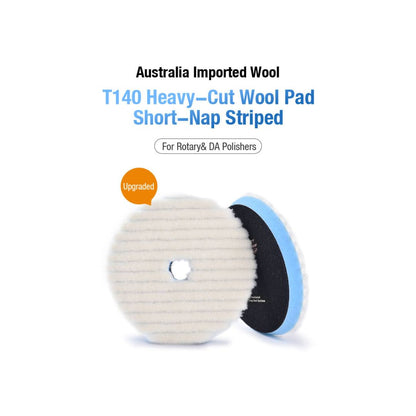 ShineMate T140 Wool Cutting Pad is compatible with both dual-action (eccentric) and rotary polishers, offering exceptional cutting power. This thin wool pad, featuring short wool fibres, effectively removes deep scratches, paint overlay, 1200/1500 grit sandpaper marks, and severe oxidation. Shinemate Ireland
