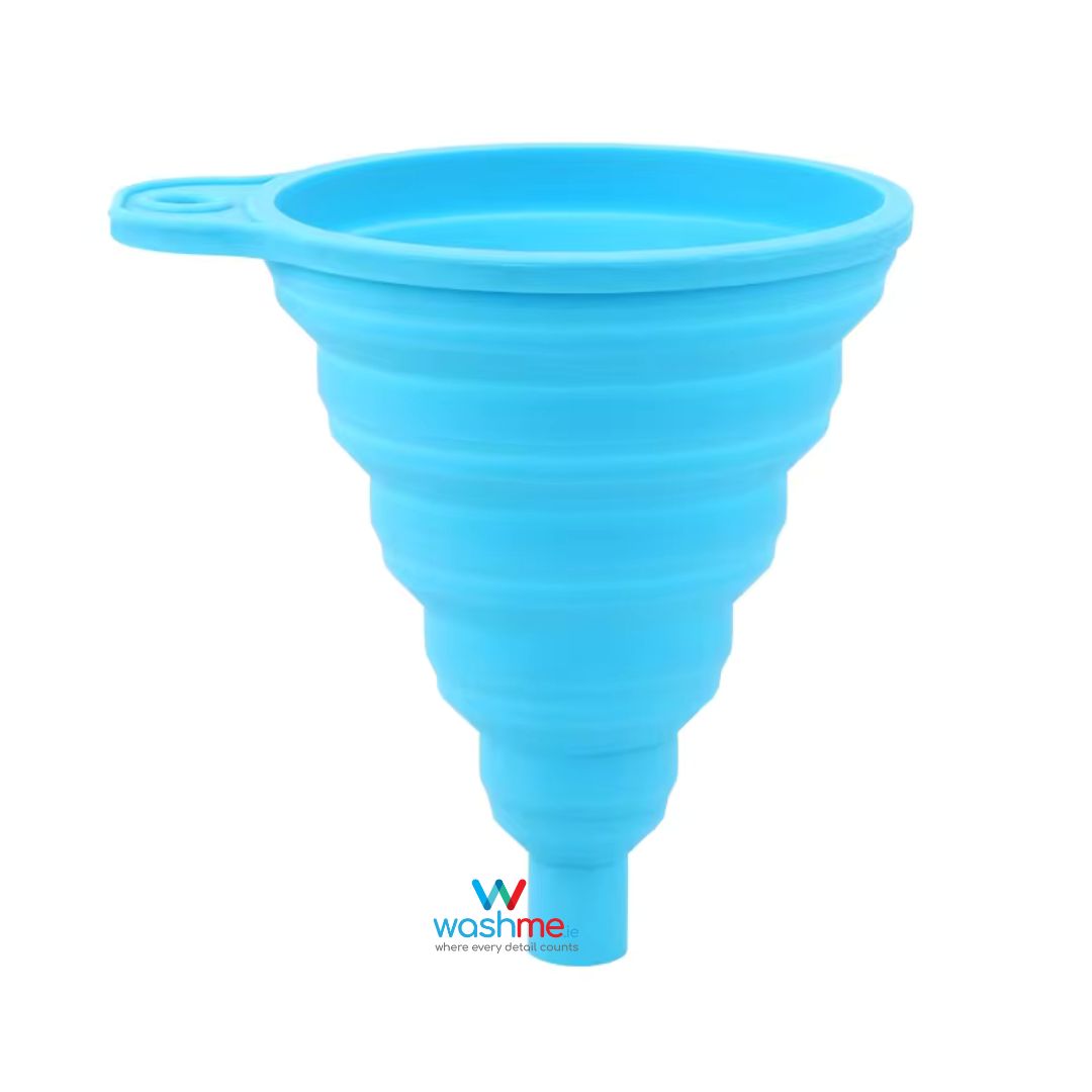 blue silicone funnel. foldable funnel to fill liquids. washme funnel. best funnel ireland