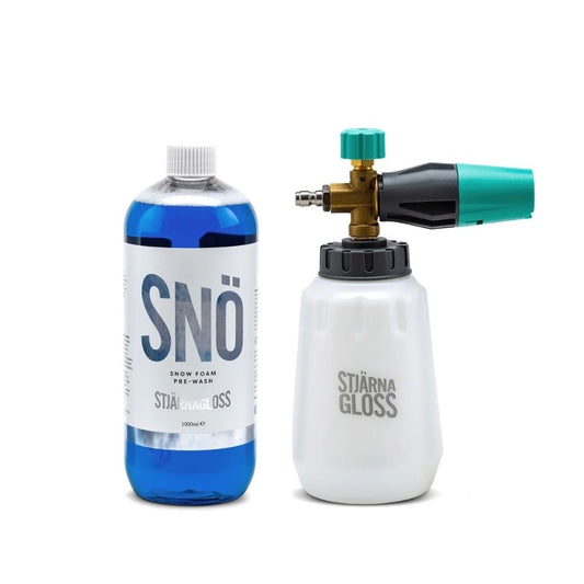 Snow foam bottle and spray gun with 'Stjärnagloss' branding on a white background