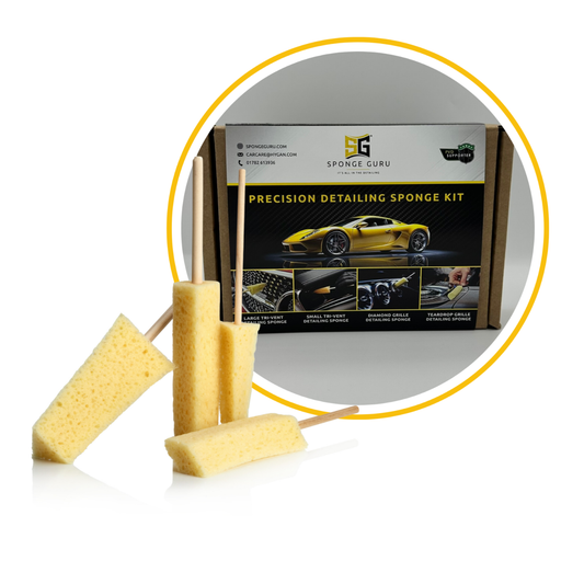 Sponge Guru Precision Detailing Sponge Kit with three yellow microfiber cleaning sponges on wooden sticks displayed in front of the product box, set against a white background with a circular graphic overlay.