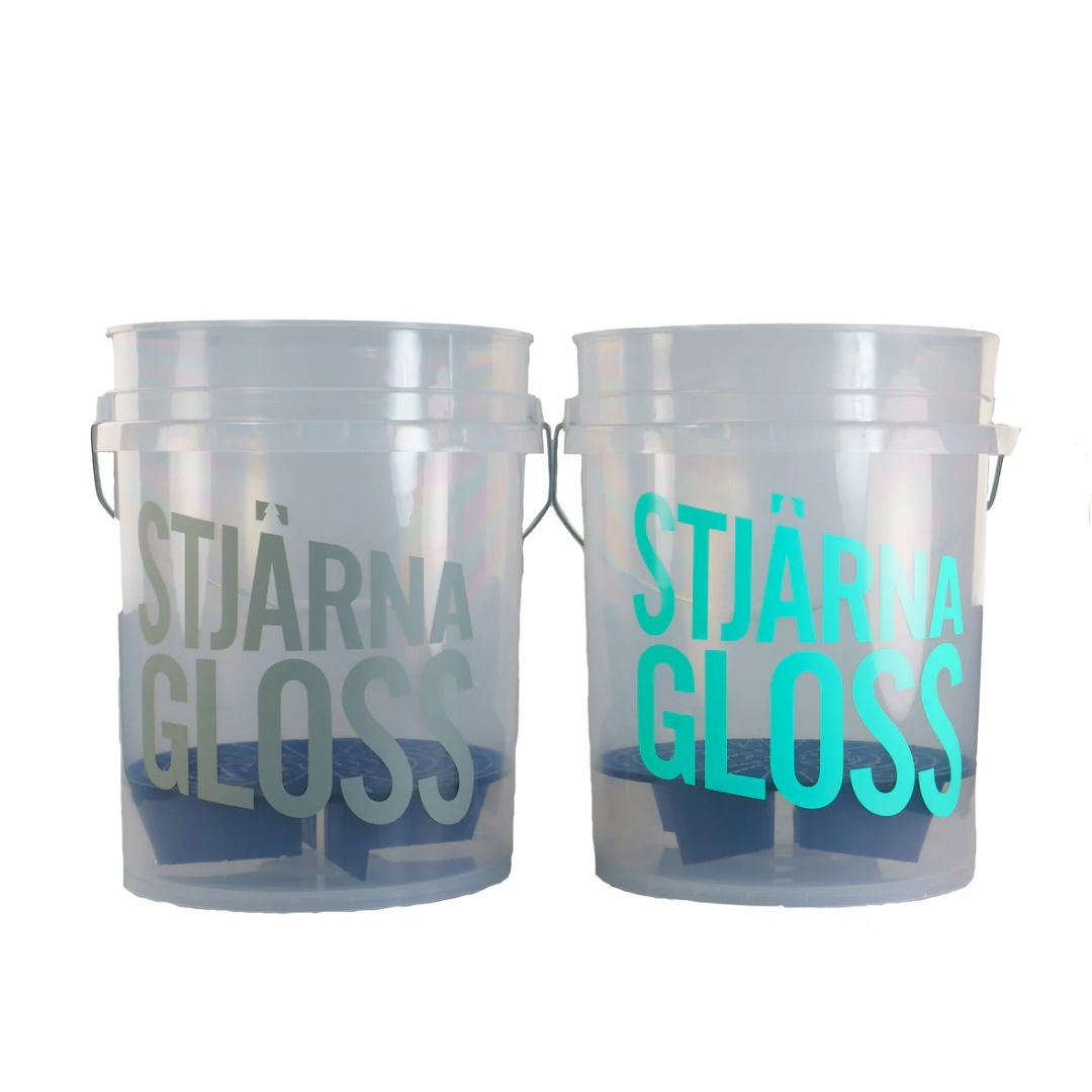 Stjarnagloss Bucket with grit guard. See through bucket for safe washing. 2 bucket wash method with 20L buckets and black grit guards. Stjarnagloss Cork Ireland. Safe wash bucket. two bucket wash method.