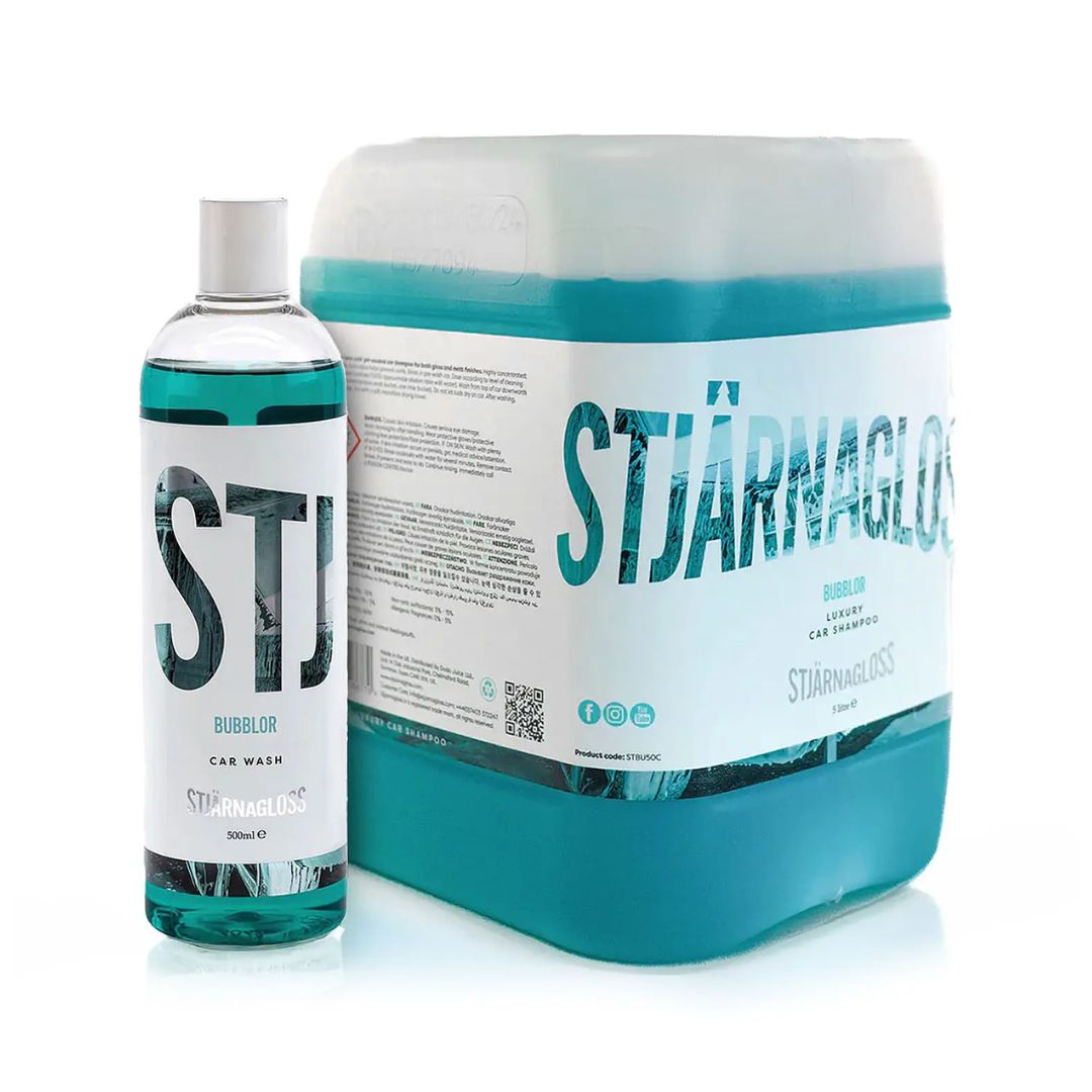 Stjarnagloss Bubblor car wash shampoo bottle and container on a white background