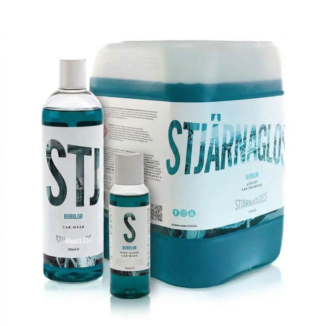 Three bottles of StjÄrnagloss car shampoo Bubblor shown on a white background: a large 5L plastic container, a smaller 500ml and 100ml bottle, and a clear bottle with a white cap containing teal liquid.