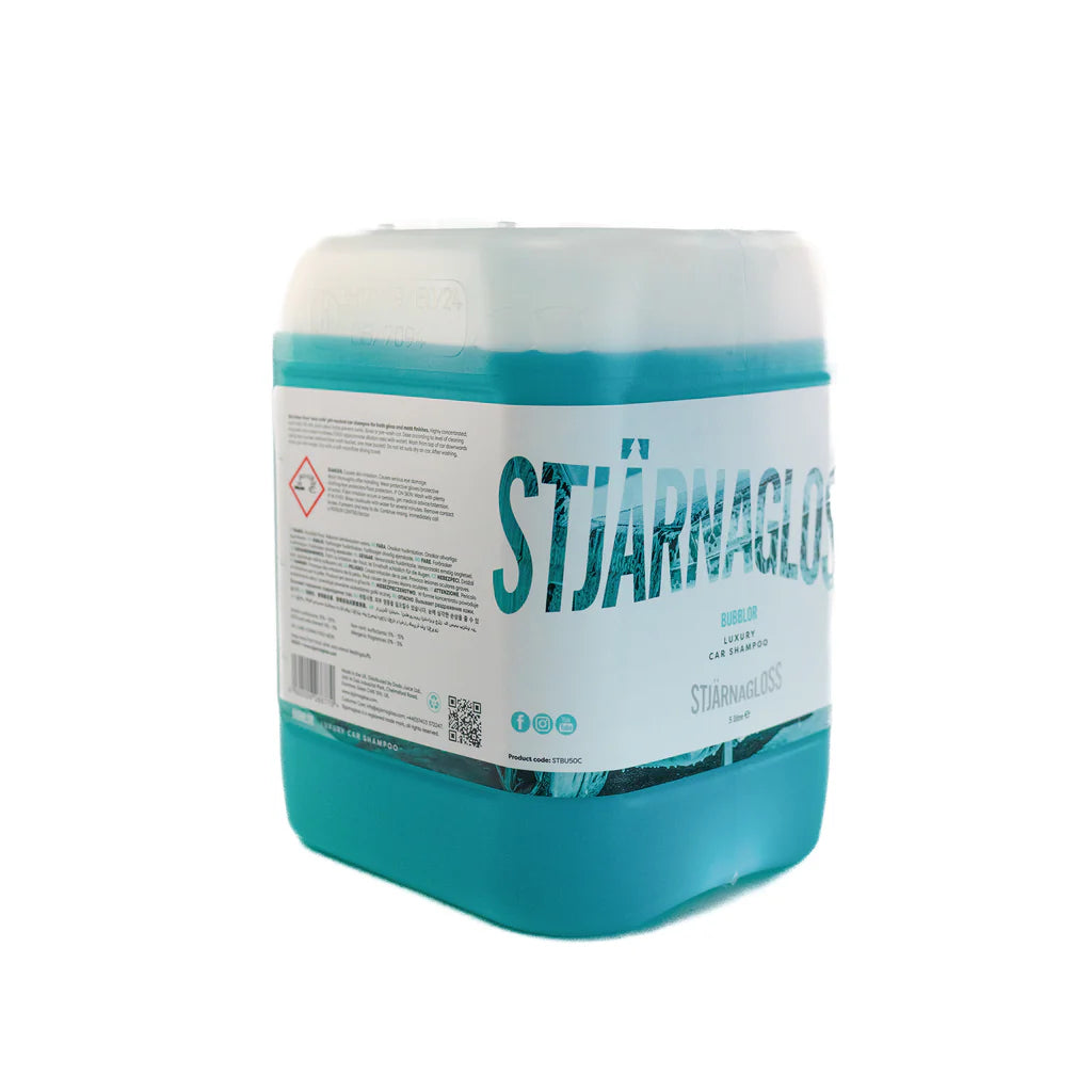 Blue and white container with 'Stjarnagloss' Bubblor branding on a white background