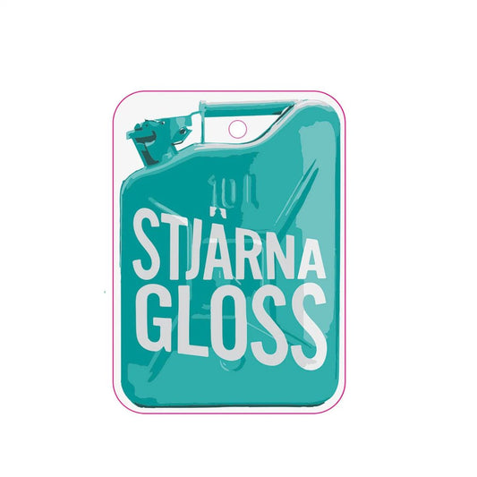 A teal gloss paint can graphic car air freshener with large white text reading 'STJARNAGLOSS' on a white background. Stjarnagloss ireland