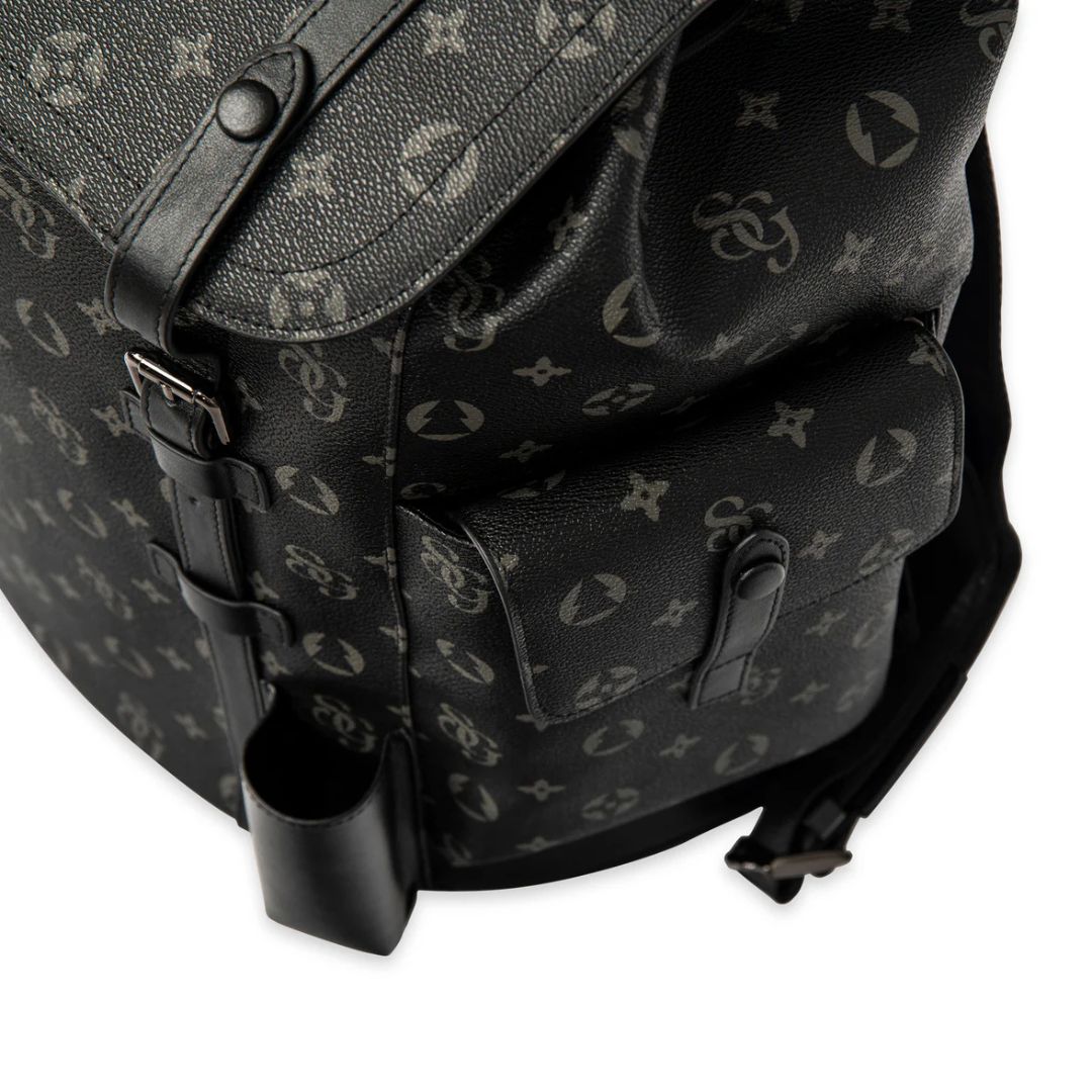 Black leather backpack with brand logo pattern on a white background