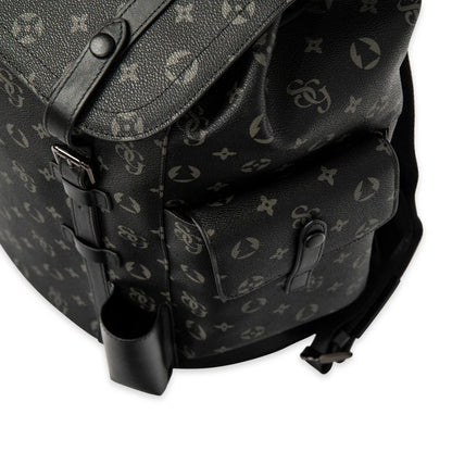 Black leather backpack with brand logo pattern on a white background