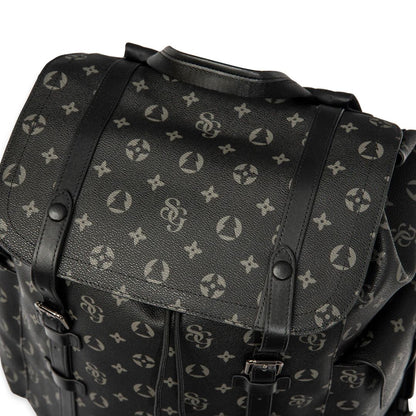 Black leather bag with brand logo pattern on a white background