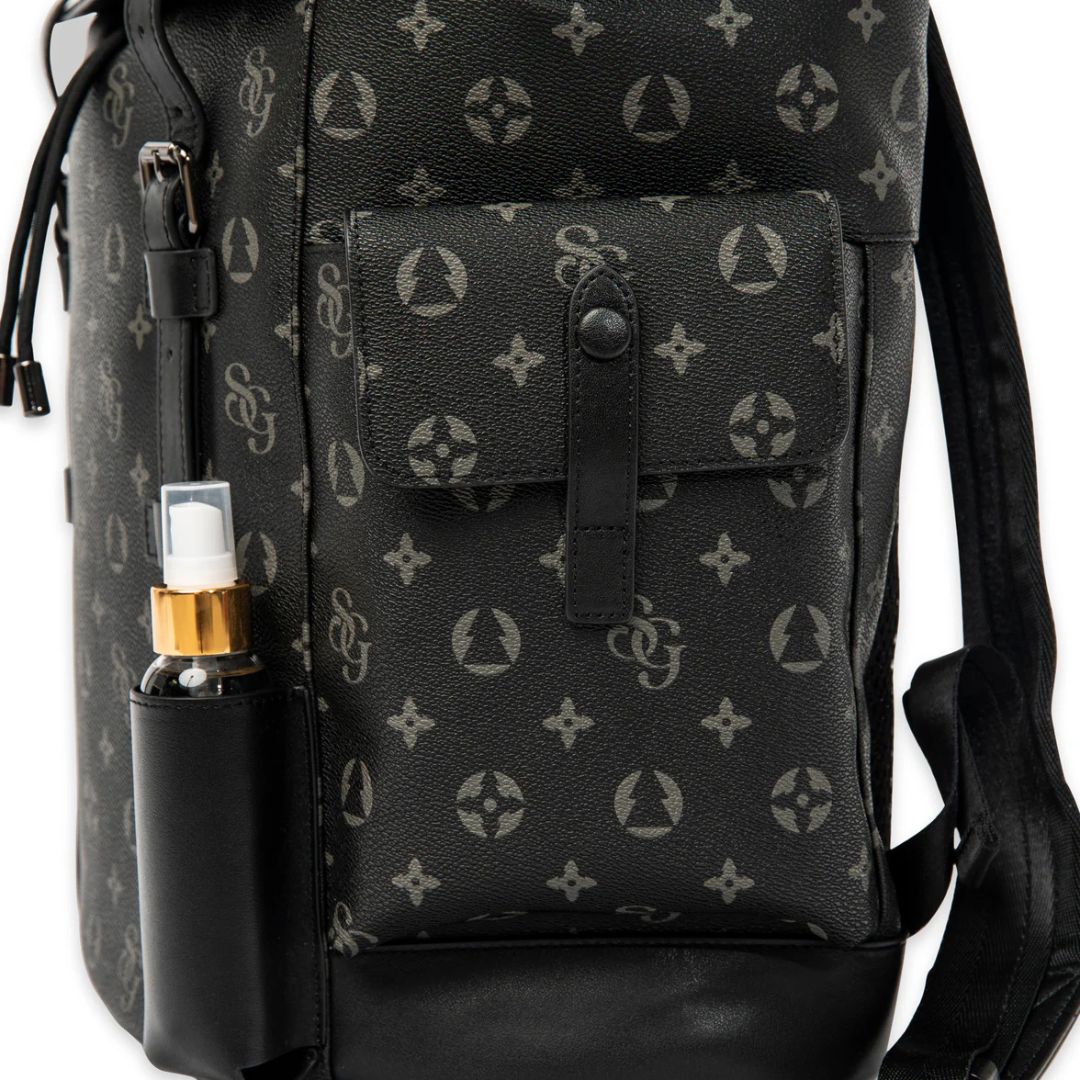 Black backpack with a pattern and a bottle next to it on a white background