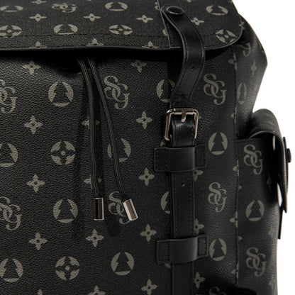 Black backpack with a patterned design on a white background