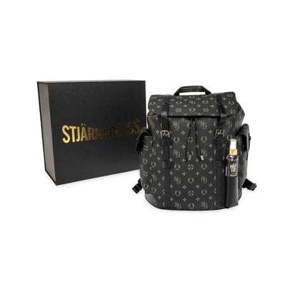 Black backpack with pattern and matching box on a white background