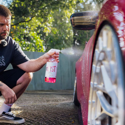 Man cleaning a car door with a spray bottle labeled 'Forst' outdoors.